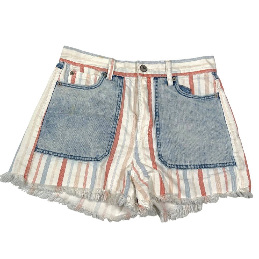 American Eagle 2 Multicolor Striped Denim‎ Shorts Raw Hem High Rise Coastal Boho